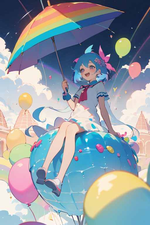 03246-1823391466-A girl sitting on a giant ice cream, which is adorned with vibrant colors, delightful frosting, and rainbow sprinkles. She holds.png